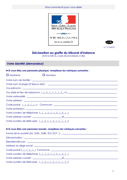 Aperçu Formulaire Cerfa No 11764-06 : Déclaration au greffe du tribunal d'instance