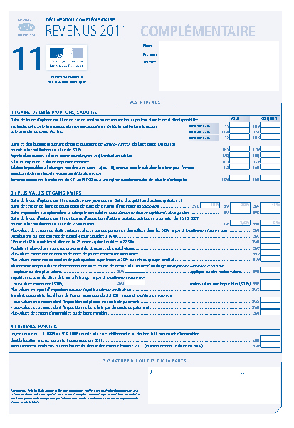 Aperçu Formulaire Cerfa No 11222-15 : Déclaration complémentaire des revenus