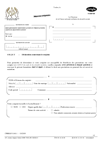 Prévisualisation - Cliquez pour télécharger Aperçu Formulaire Cerfa No 11355-06 : Déclaration concernant le conjoint à la sécurité sociale militaire