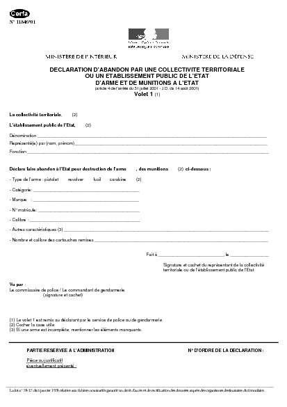 Aperçu Formulaire Cerfa No 11846-02 : Déclaration d'abandon par une collectivité territoriale ou un établissement public de l'Etat d'arme et de munitions à l'Etat