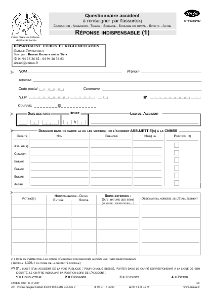Aperçu Formulaire Cerfa No 11360-08 : Déclaration d'accident à la Caisse nationale militaire de sécurité sociale (CNMSS)