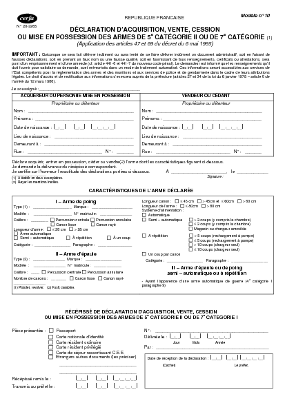 Aperçu Formulaire Cerfa No 20-3265 : Déclaration d'acquisition, vente, cession ou mise en possession des armes de 5e catégorie II ou de 7e catégorie