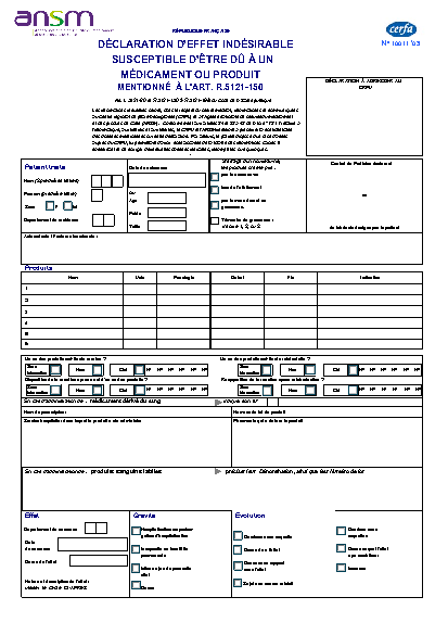 Aperçu Formulaire Cerfa No 10011-03 : Déclaration d'effet indésirable susceptible d'être dû à un médicament ou produit