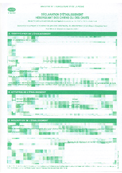Aperçu Formulaire Cerfa No 50-4509 : Déclaration d'établissement hébergeant des chiens ou des chats