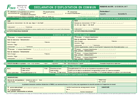 Aperçu Formulaire Cerfa No 11924-01 : Déclaration d'exploitation en commun - Création, modification ou cessation (F CMB)