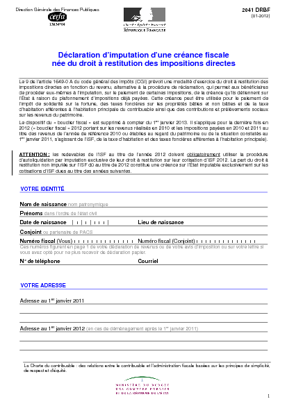 Aperçu Formulaire Cerfa No 13834-05 : Déclaration d'imputation d'une créance fiscale née du droit à restitution des impositions directes