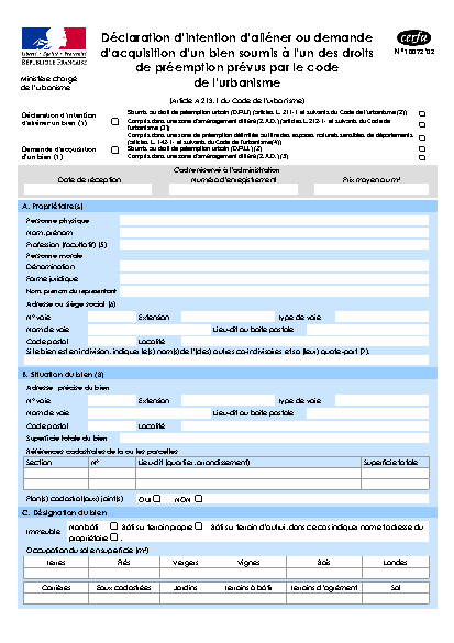 Aperçu Formulaire Cerfa No 10072-02 : Déclaration dintention daliéner ou demande d'acquisition dun bien soumis à lun des droits de préemption prévus par le code de lurbanisme