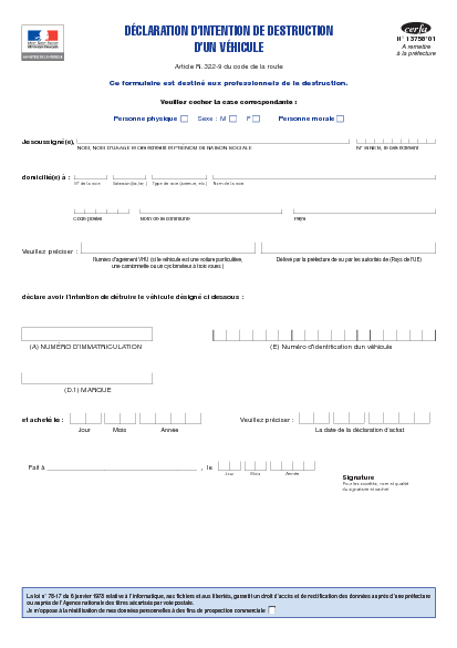 Aperçu Formulaire Cerfa No 14366-01 : Déclaration d'intention de destruction d'un véhicule