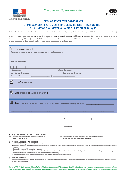 Aperçu Formulaire Cerfa No 13390-03 : Déclaration d'organisation d'une concentration de véhicules terrestres à moteur sur une voie ouverte à la circulation publique