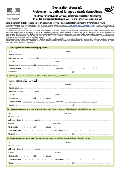 Aperçu Formulaire Cerfa No 13837-02 : Déclaration d'ouvrage : prélèvements, puits et forages à usage domestique