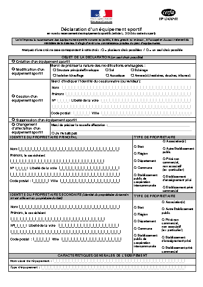 Aperçu Formulaire Cerfa No 13436-02 : Déclaration d'un équipement sportif