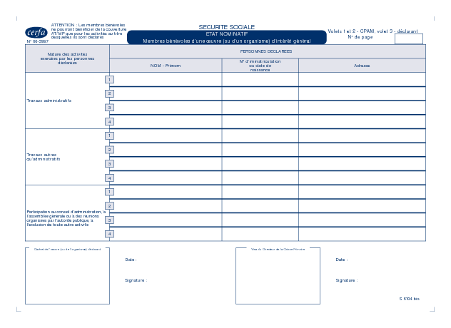Aperçu Formulaire Cerfa No 60-3997 : Déclaration de bénévoles associatifs à la sécurité sociale