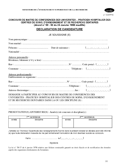 Aperçu Formulaire Cerfa No 11435-01 : Déclaration de candidature au concours de maître de conférences des universités - praticien hospitalier des centres de soins, d'enseignement et de recherche dentaires