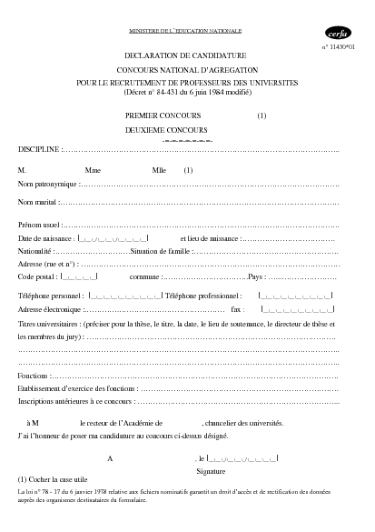 Aperçu Formulaire Cerfa No 11430-01 : Déclaration de candidature aux concours nationaux d'agrégation pour le recrutement des professeurs des universités
