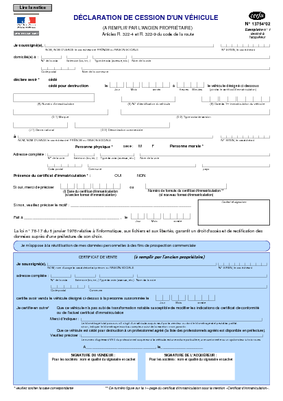 Aperçu Formulaire Cerfa No 13754-02 : Déclaration de cession d'un véhicule