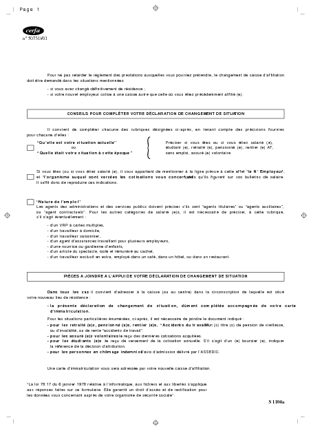 Aperçu Formulaire Cerfa No 11545-01 : Déclaration de changement de situation entraînant un changement de caisse primaire d'affiliation