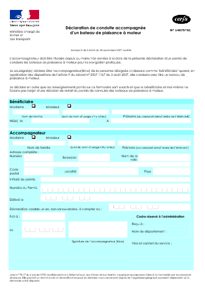 Aperçu Formulaire Cerfa No 14675-01 : Déclaration de conduite accompagnée d'un bateau de plaisance à moteur