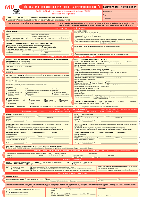 Aperçu Formulaire Cerfa No 11680-02 : Déclaration de constitution d'une SARL