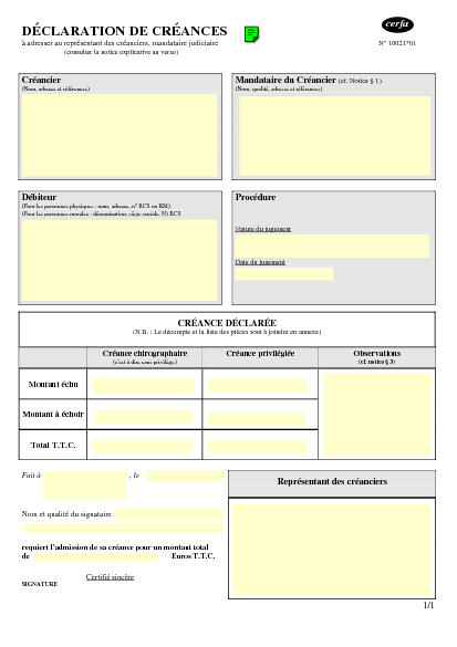Aperçu Formulaire Cerfa No 10021-01 : Déclaration de créances