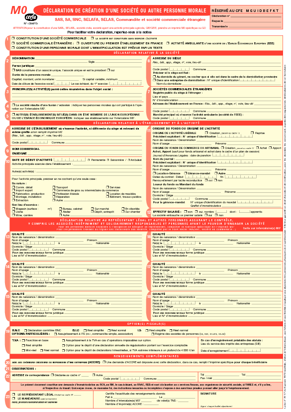 Aperçu Formulaire Cerfa No 13959-03 : Déclaration de création d'une société ou autre personne morale