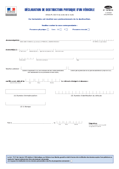 Aperçu Formulaire Cerfa No 13755-01 : Déclaration de destruction physique d'un véhicule