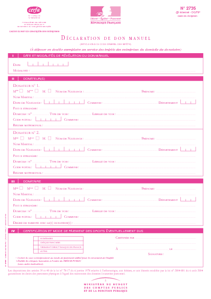 Aperçu Formulaire Cerfa No 11278-13 : Déclaration de don manuel 2012