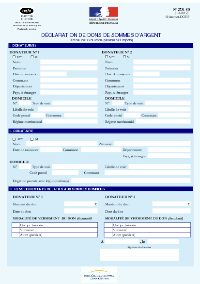 Aperçu Formulaire Cerfa No 13427-06 : Déclaration de dons de sommes d'argent