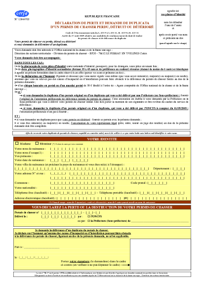 Aperçu Formulaire Cerfa No 13944-03 : Déclaration de perte et demande de duplicata d'un permis de chasser perdu, détruit, détérioré