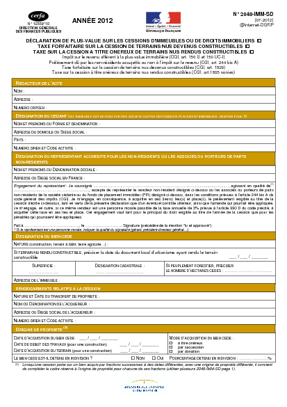 Aperçu Formulaire Cerfa No 12359-11 : Déclaration de plus-value sur les cessions d'immeubles, de terrains nus ou de droits immobiliers