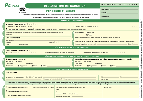Aperçu Formulaire Cerfa No 11679-02 : Déclaration de radiation d'une entreprise - Personne physique (P4 CMB)