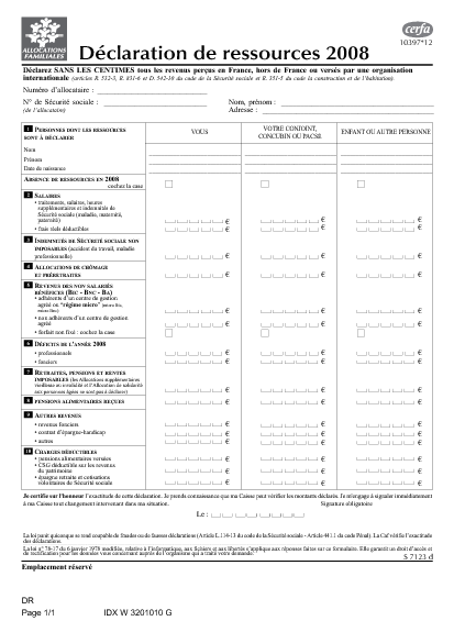 Aperçu Formulaire Cerfa No 10397-16 : Déclaration de ressources 2012