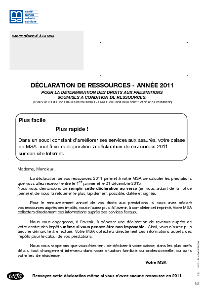 Aperçu Formulaire Cerfa No 10400-15 : Déclaration de ressources - droits aux prestations sous condition de ressources - MSA