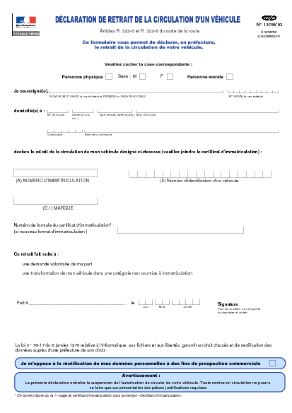 Aperçu Formulaire Cerfa No 13756-02 : Déclaration de retrait de la circulation d'un véhicule