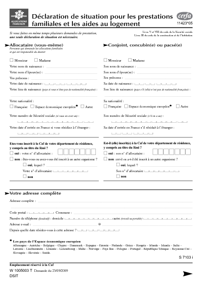 Aperçu Formulaire Cerfa No 11423-06 : Déclaration de situation pour les prestations familiales et les aides au logement