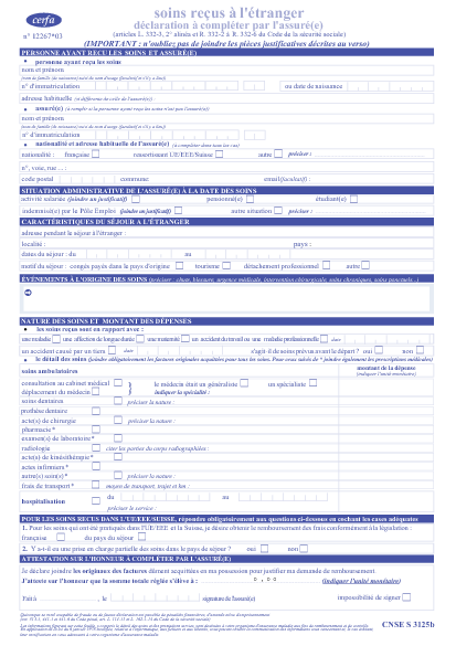 Aperçu Formulaire Cerfa No 12267-03 : Déclaration de soins reçus à l'étranger