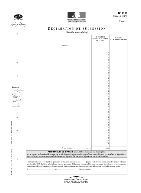 Aperçu Formulaire Cerfa No 10486-05 : Déclaration de succession feuille intercalaire