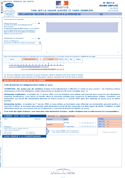 Aperçu Formulaire Cerfa No 11417-14 : Déclaration de Taxe sur la valeure ajoutée et taxes assimilées (régime simplifié) Imprimé 3517-S