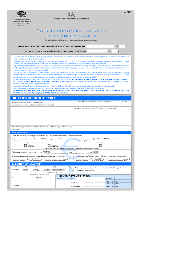 Aperçu Formulaire Cerfa No 11096-12 : Déclaration de taxe sur les conventions d'assurances et contributions assimilées