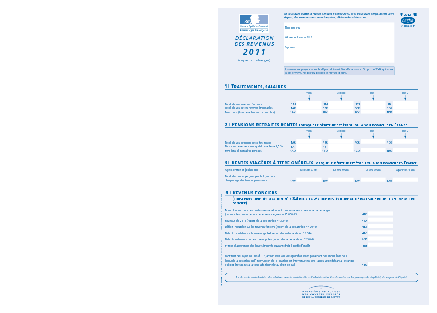 Aperçu Formulaire Cerfa No 11942-12 : Déclaration des revenus - Départ à l'étranger