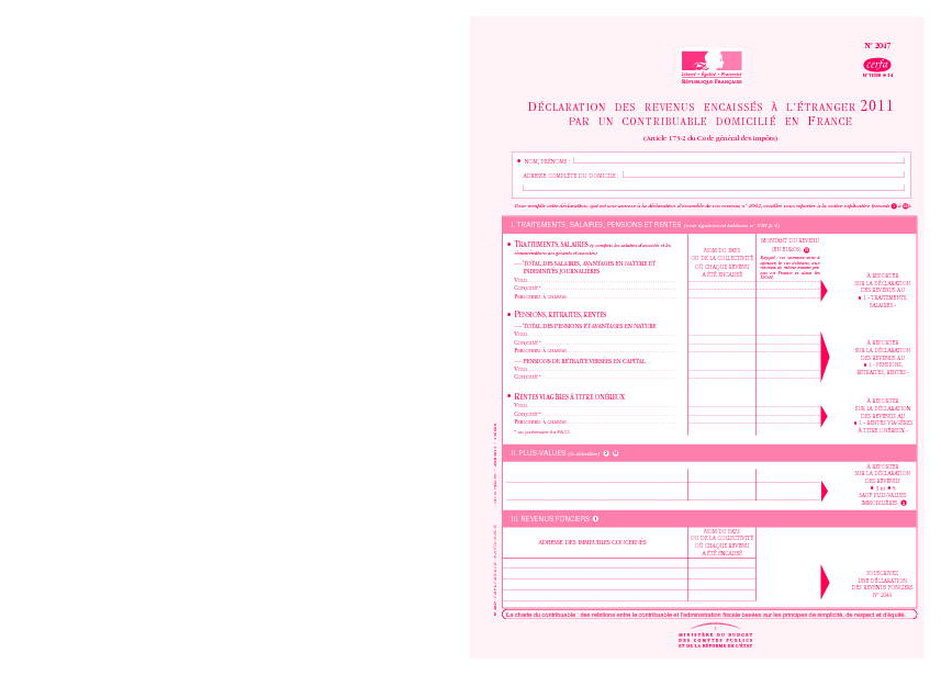 Aperçu Formulaire Cerfa No 11226-15 : Déclaration des revenus encaissés à l'étranger