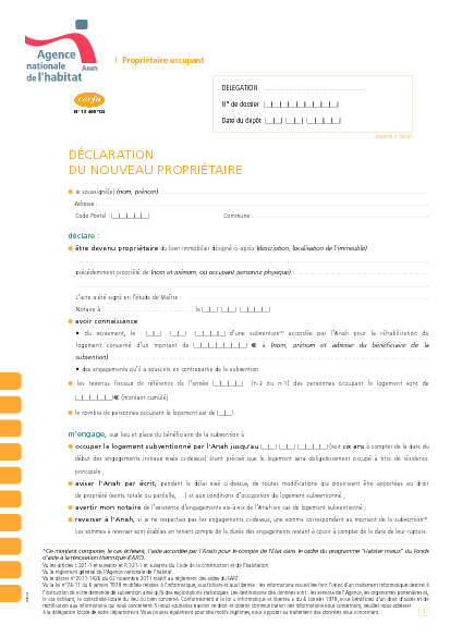 Aperçu Formulaire Cerfa No 13465-04 : Déclaration du nouveau propriétaire - Propriétaire occupant