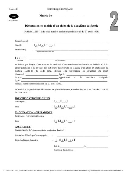 Aperçu Formulaire Cerfa No 11461-02 : Déclaration en mairie d'un chien de la deuxième catégorie