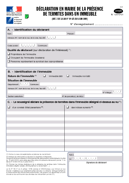Aperçu Formulaire Cerfa No 12010-02 : Déclaration en mairie de la présence de termites dans un immeuble