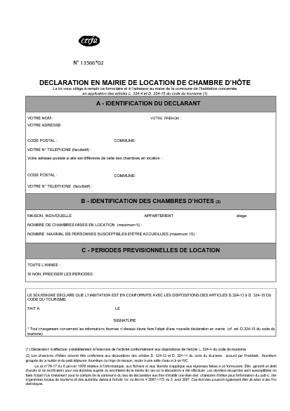 Aperçu Formulaire Cerfa No 13566-02 : Déclaration en mairie de location de chambre d'hôte