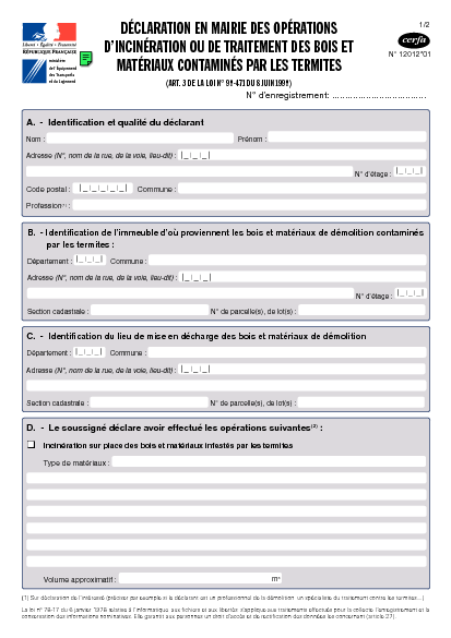 Aperçu Formulaire Cerfa No 12012-01 : Déclaration en mairie des opérations d'incinération ou de traitement des bois et matériaux contaminés par les termites