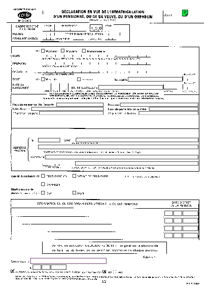 Aperçu Formulaire Cerfa No 60-3406 : Déclaration en vue de l'immatriculation d'un pensionné, de sa veuve, ou d'un orphelin