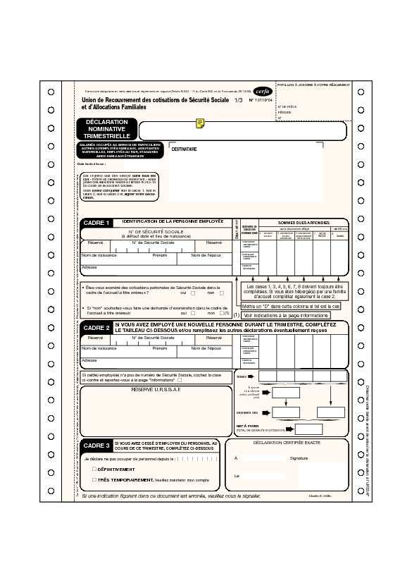 Aperçu Formulaire Cerfa No 10119-04 : Déclaration nominative trimestrielle - Autres salariés occupés au service de particuliers