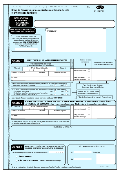 Aperçu Formulaire Cerfa No 10124-03 : Déclaration nominative trimestrielle simplifiée