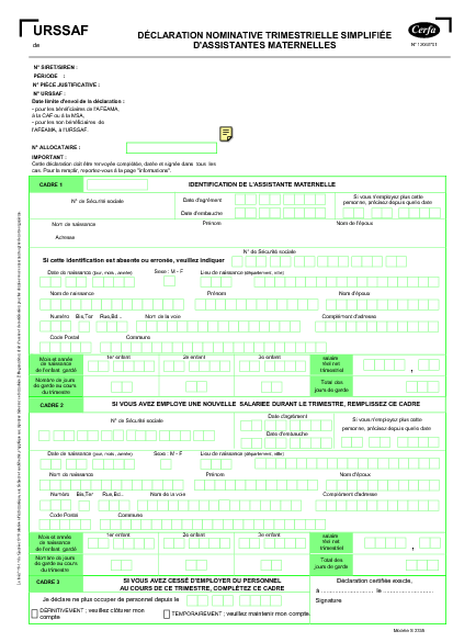 Aperçu Formulaire Cerfa No 12048-01 : Déclaration nominative trimestrielle simplifiée - Assistantes maternelles
