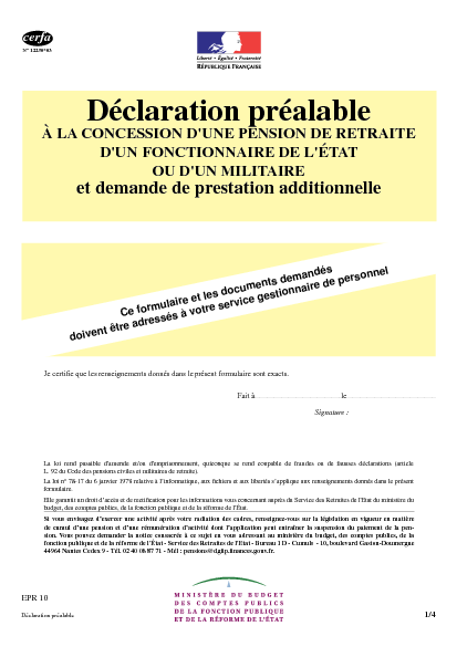 Aperçu Formulaire Cerfa No 12230-04 : Déclaration préalable à la concession d'une pension de retraite d'un fonctionnaire de l'Etat ou d'un militaire (+ demande de prestation additionnelle)